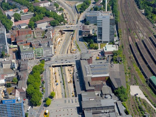 Mercatortunnel an der A59 Duisburg aus der Vogelperspektive