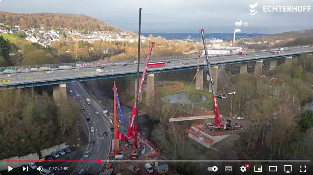 Screenshot aus einem Video zur Baustelle einer neuen Wupperbrücke als Ersatz für die Wupperbrücke Hammesberg für den Schwerlastverkehr